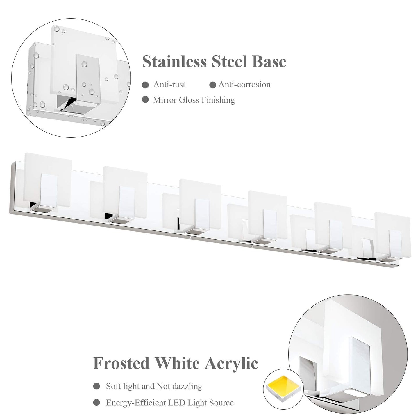 Aipsun 6 Lights Dimmable Modern LED Bathroom Vanity Light Acrylic Stainless Steel Chrome Up and Down Bathroom Wall Light Over Mirror(White Light 6000K)