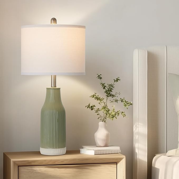 24.5" Ceramic Table Lamps Set of 2, Modern Farmhouse Bedside Lamps for Bedroom Nightstand, Small Light Green Lamp for Living Room End Table (2 LED Bulbs Included)