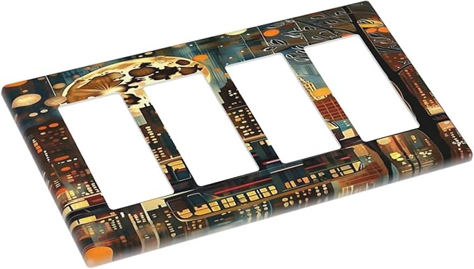 City Light Moon Bus Abstract Art Light Switch Cover 4 Gang Rocker Decora Outlet Covers Wall Plate Decorative Switchplate Electrical Faceplate GFCI for Farmhouse Living Bedroom Decor