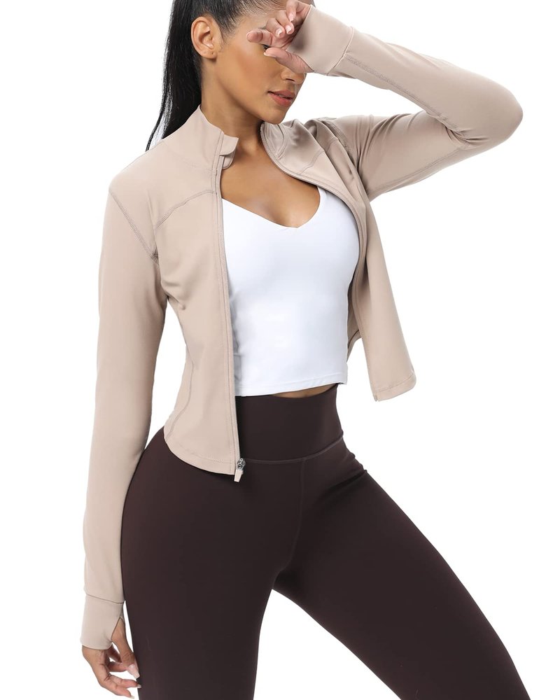 AVGO Women's Cropped Running Workout Jackets Zip Slim Fit Athletic Tops with Thumb Holes(Almond, M)