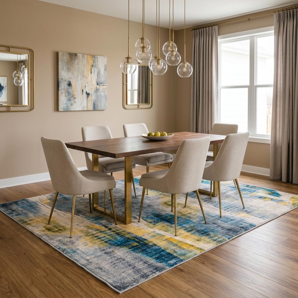 Xinlezx 5x7 Area Rug for Living Room, Washable Non Slip Abstract Area Rug, Blue Gray Modern Carpet with Yellow Accents, Soft Faux Cashmere Foldable Rug for Bedroom Dining Room Home Office