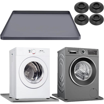Washing Machine Drain Pan Washer Silicone Mat, Washer Tray Anti-Vibration Soft Bottom Pad Under Dryer Drip Pan Floor Protector, 27x27 Inch Non-Slip Leak Pan Waterproof Washer Drip Tray (Gray+4 pad)