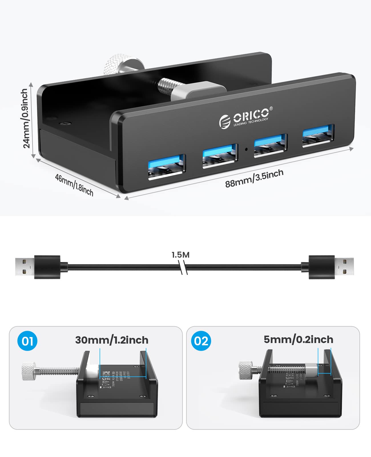 ORICO USB 3.0 Hub, USB Hub Clamp, Aluminum 4-Port USB Splitter with Extra Power Supply Port and 4.92 FT USB Data Cable, Desktop Powered USB Hub for Monitors/Desks-Black (Without Power Adapter)