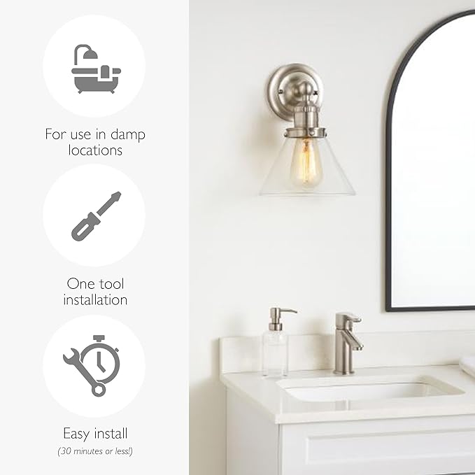 Design House Augustin Wall Sconce, 1-Light, Seeded Glass Warm Glow, Dimmable, Up/Down Glow, Easy Installation, E26 Socket, Satin Nickel, 7.9 in L x 8.5 in D x 11.1 in H, 589028-SN