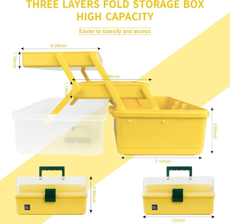 Art Craft Organizer Storage Box - 13-Inch 3-Layer Plastic Tool Box with Handle for Sewing, Art Supplies & Accessories | Yellow