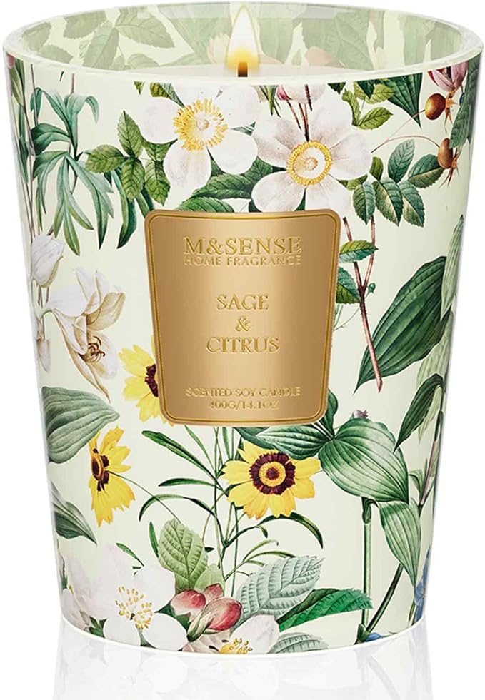 M&SENSE Sage Citrus Scented Natural Soy Wax Candle, 14.1oz 60 Hours Long Lasting Slow Burning, Aromatherapy Fall Winter Candle for Stress Relief, Festival Thanksgiving Christmas Housewarming Gifts