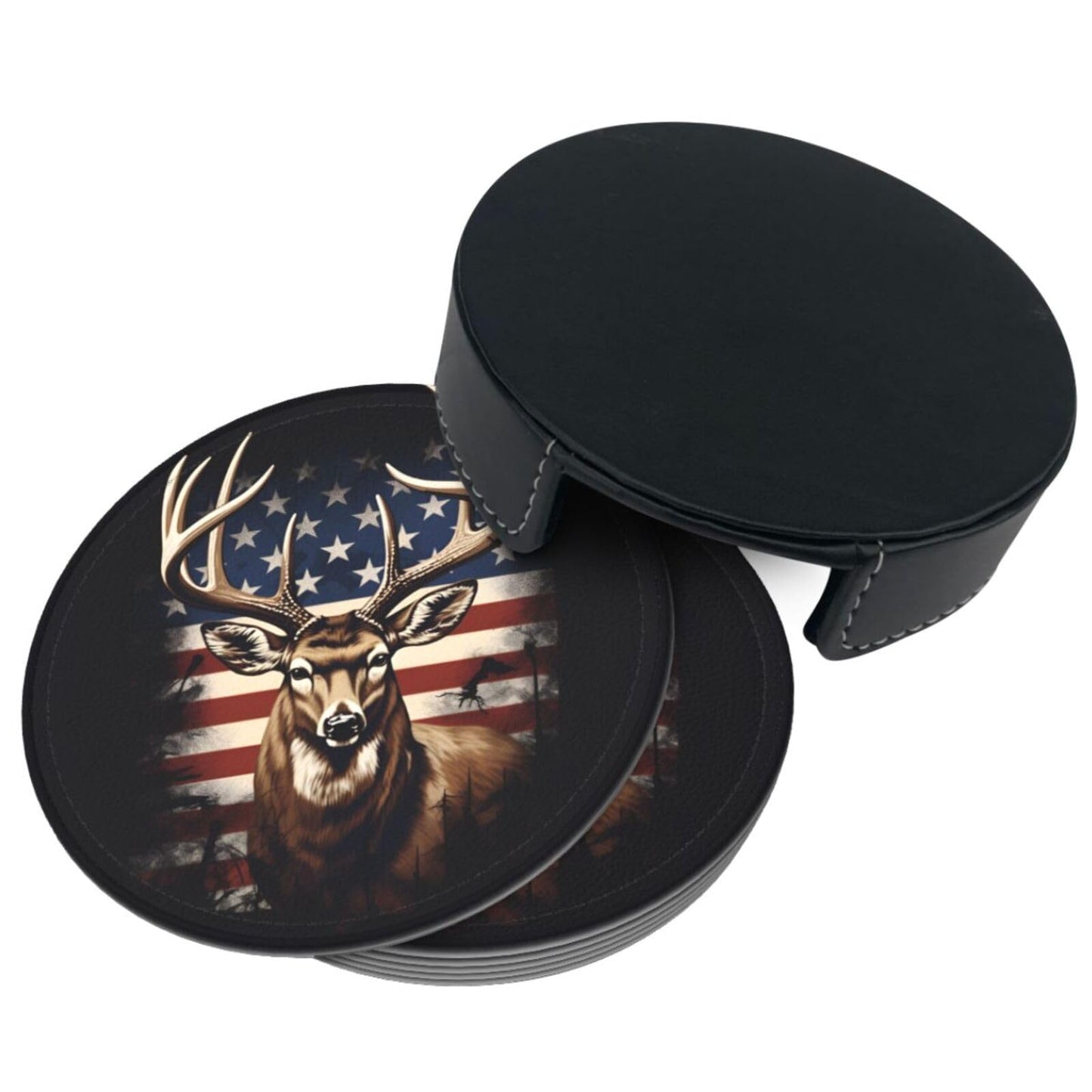 Neukim 6 Pcs American Hunting Deer Leather Coasters for Drinks with Holder Round Mug Mat Table Desk Coasters Set Cup Coasters for Living Room Kitchen Coffee Decor
