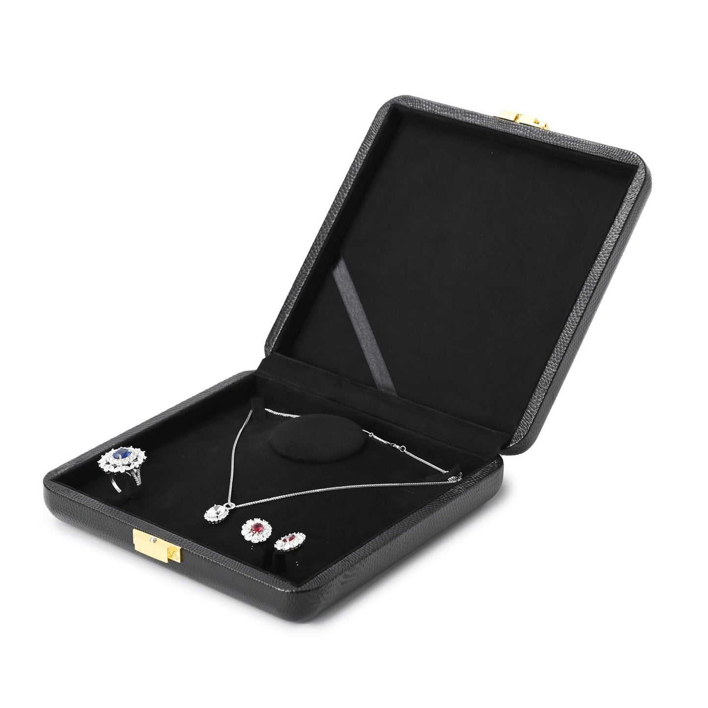 Oirlv Black Leather Jewelry Set Box with Gold Clasp, Luxury Velvet Lined Organizer for Rings, Necklaces & Earrings