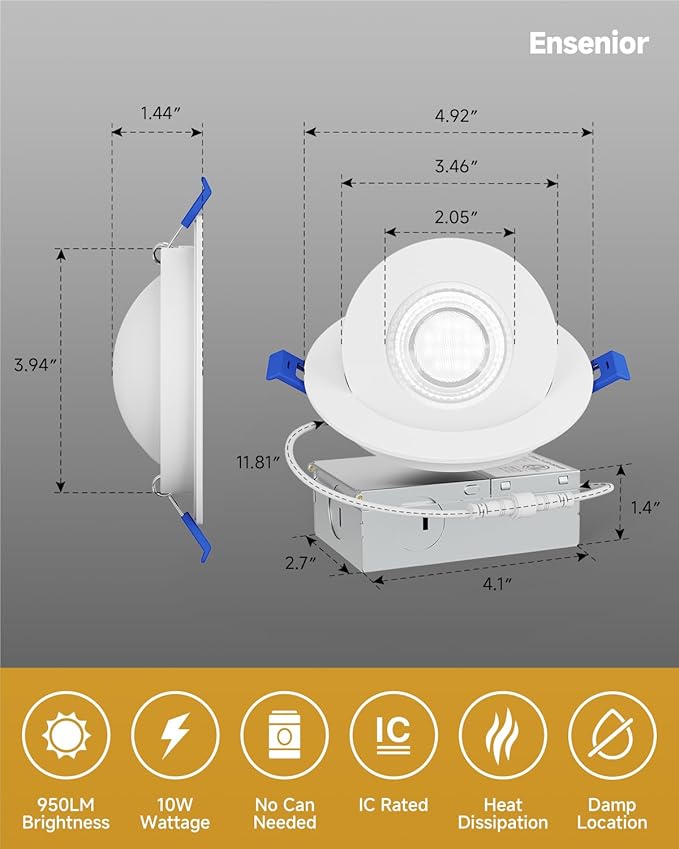 Ensenior 6 Pack 4 inch 5CCT LED Gimbal Led Recessed Light with Junction Box, 360°+90° Adjustable Directional Eyeball Lighting, Dimmable, 2700K/3000K/3500K/4000K/5000K, 950LM, 10W=85W-ETL&FCC