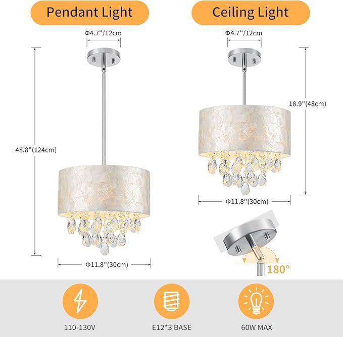 3-Lights Drum Capiz Shell Crystal Chandeliers, Coastal Style Pendant Light Fixture for Dining Room, Living Room, D12 x H19~49"(Adjustable), Shell Lampshade & Chrome Finish