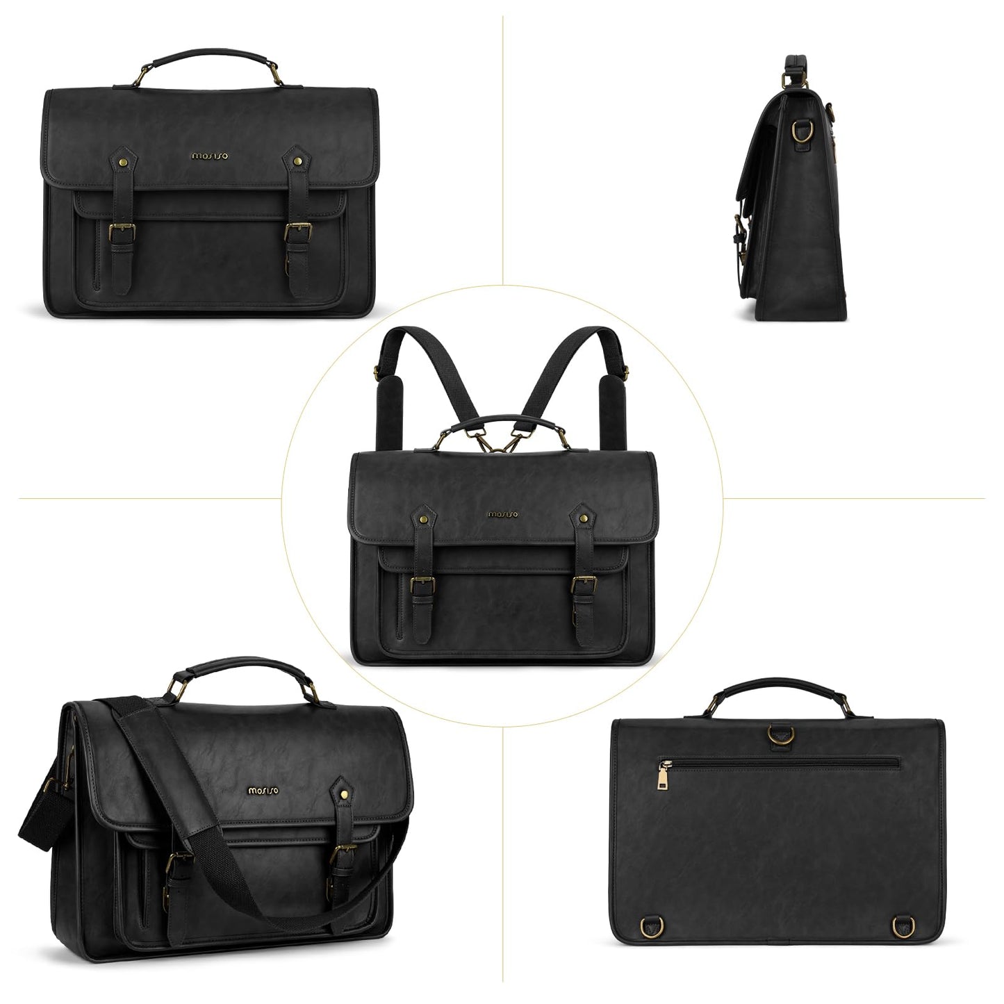 MOSISO 3 in 1 Laptop Bag, 15.6 inch PU Leather Shoulder Bag Briefcase Messenger Satchel Laptop Backpack, 15-16 inch Computer Bags Handbag Bookbag, Black