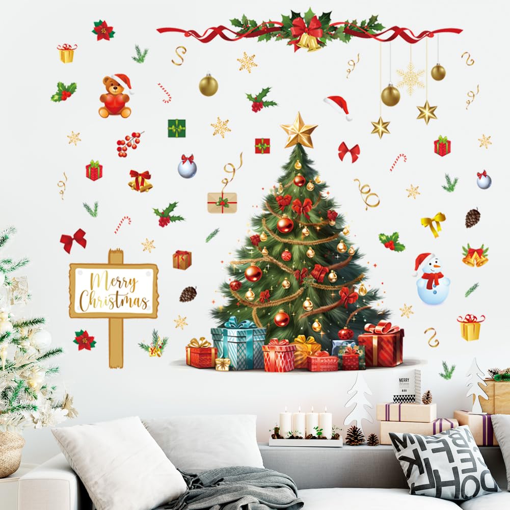 Large Christmas Tree Wall Decals DIY Christmas Wall Stickers Xmas Tree Window Clings Christmas Wallpaper Peel and Stick Removable Vinyl Wall Art for Bedroom Nursery