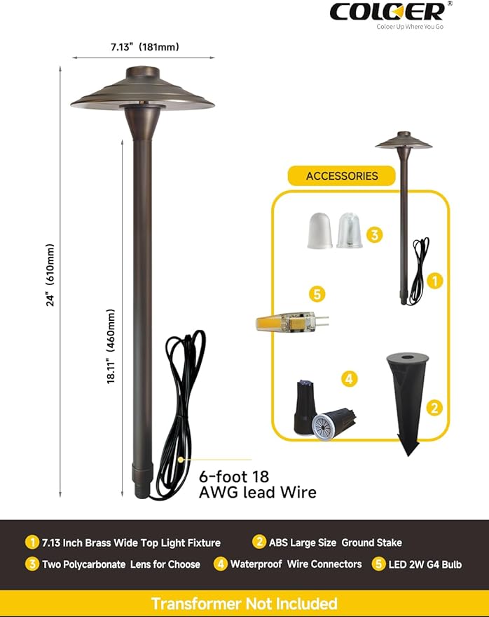 COLOER Brass Low Voltage Walkway Lights for Outside Bronze Finish 1-Pack with LED G4 Bulb,9-17V AC/DC 2W 2700K Warm White Outdoor Landscape Path Lights for Garden,Yard,Sidewalk or Driveway(601B)