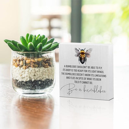 Inspirational Bee Decorations Wooden Box Sign, Watercolor Bee Decor, Spring Rustic Farmhouse Home Living Room Desk Table Shelf Decor Decorations, Motivational Positive Affirmations Wood Block Plaque