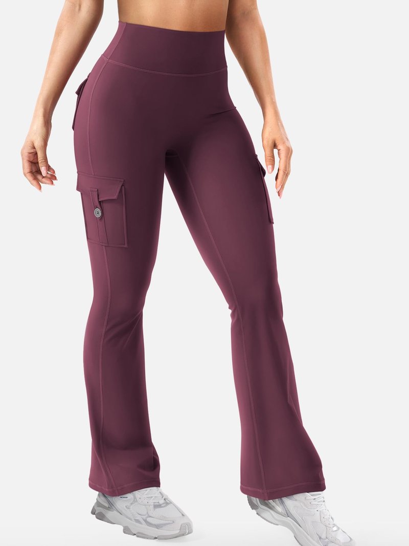 YEOREO CoreFlex Women Workout Flare Leggings with Pockets Scrunch Cargo Gym Yoga Leggings Black Cherry L