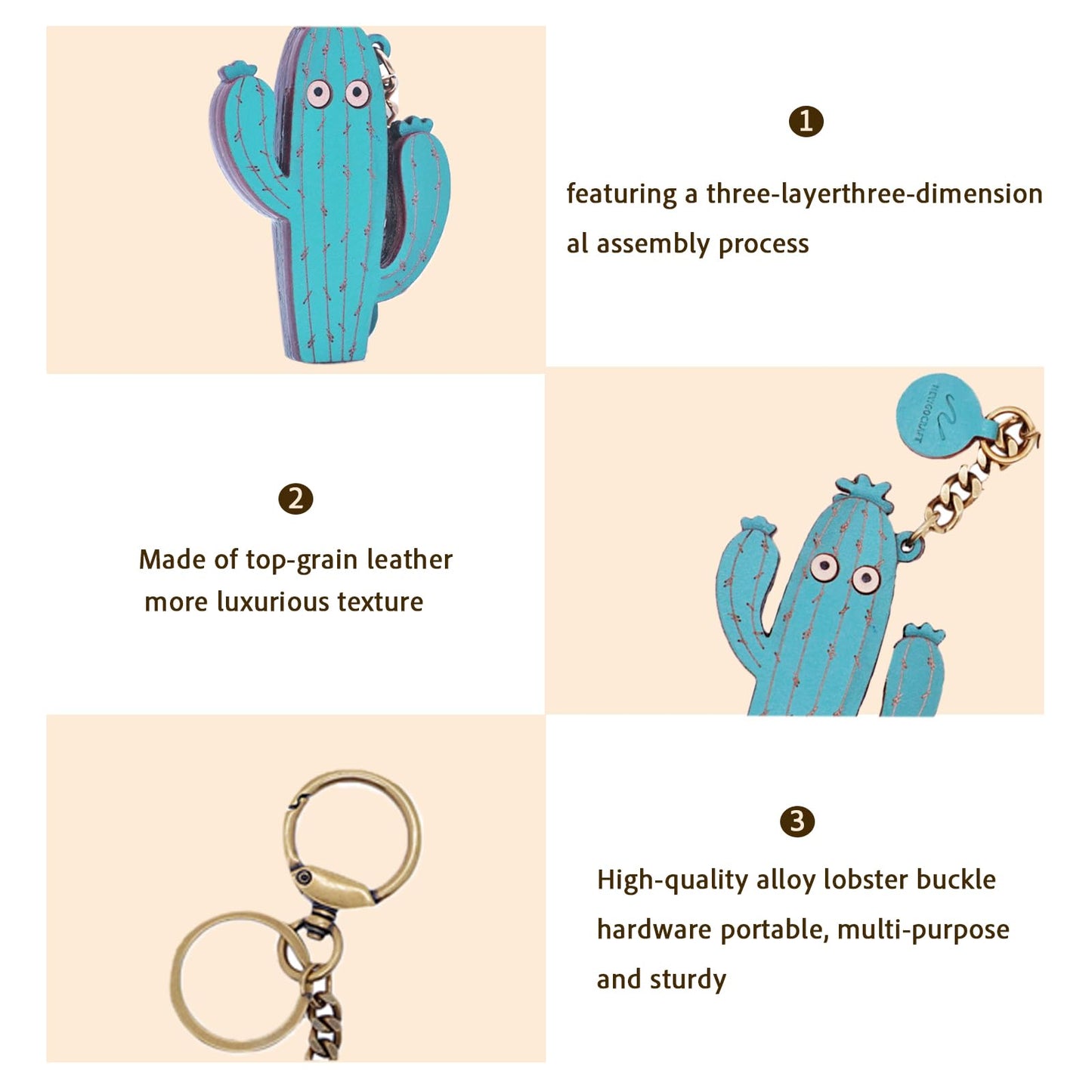 NEWGOCRAFT Keychain Charms 3D Cute Genuine Leather Handmade Crafts Cactus Pendant Keychains Accessorie (Blue)