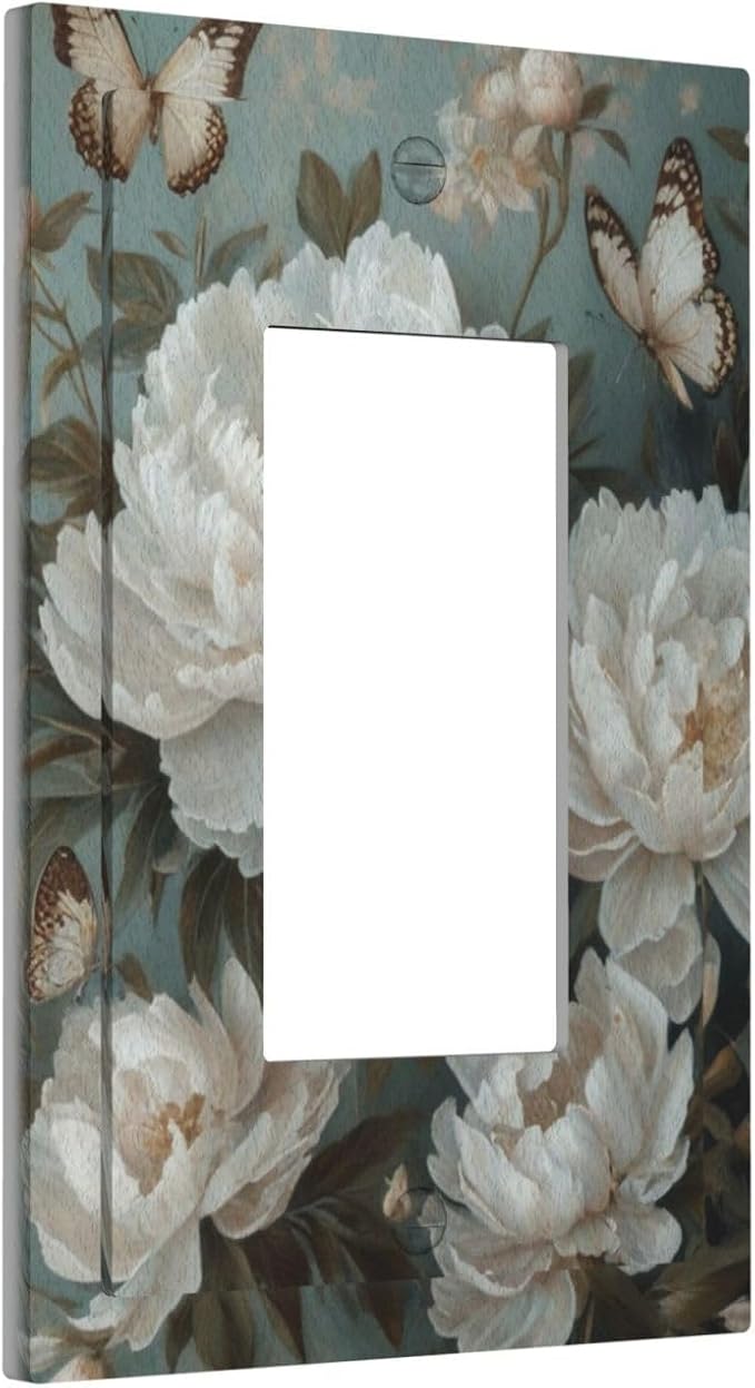 Decorative Art Light Switch Covers Butterflies & Peonies 1 Gang Rocker Outlet Decorative Switch plate Faceplate GFCI Light Switch Covers for Home Decor