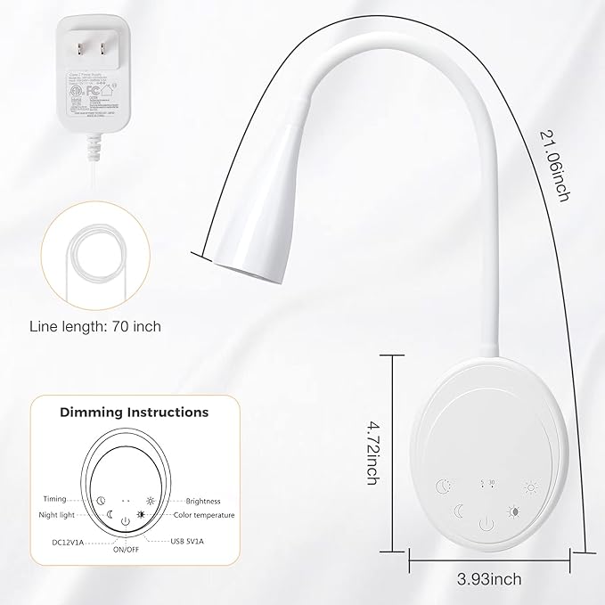 LED Wall Mounted Reading Light, Book Light for Reading in Bed, 5 Dimming & Color Temperature, 360°Flexible Gooseneck, USB Output Bedside Headboard Lights, Timers Function & NightLight