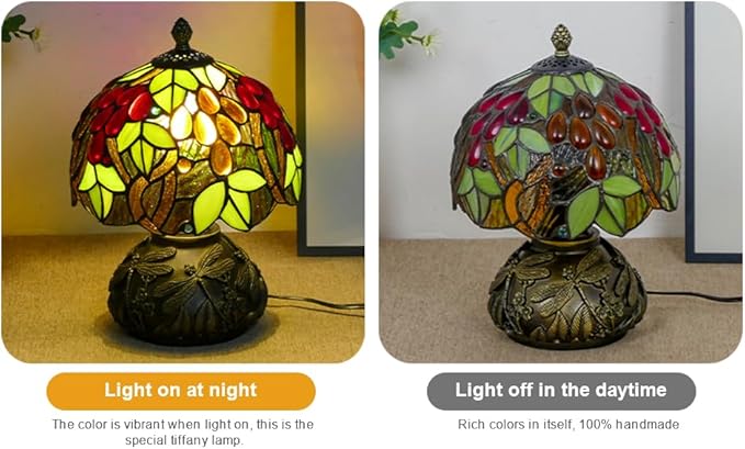 Small Tiffany Table Lamp Stained Glass Nightstand Lamps Bedside Purple Grape Desk Light for Office Bar Retro Bedroom Living Room,7.87 inch