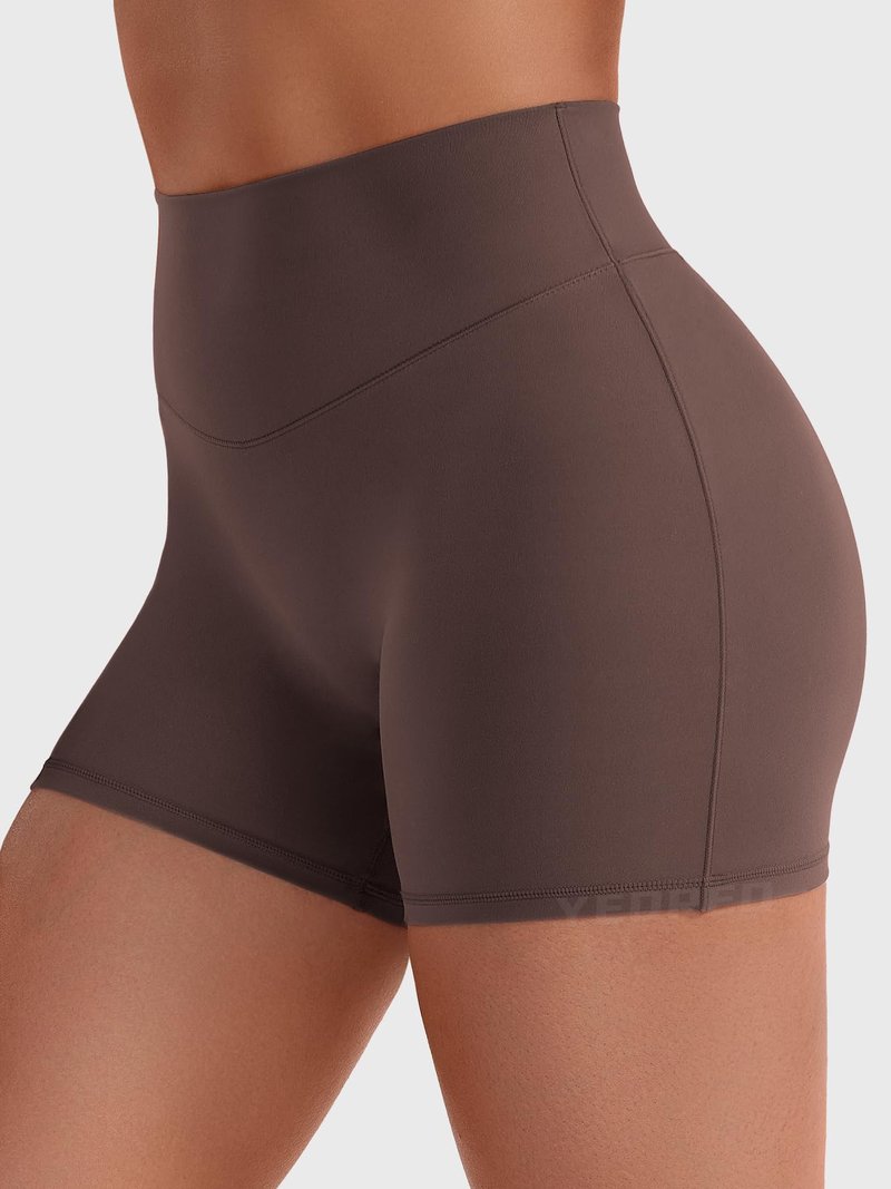 YEOREO SoftHue Women Workout Gym Shorts Impact 4.5" ScrunchHigh Waist Yoga Biker Shorts with Tummy Control Chocolate-XL