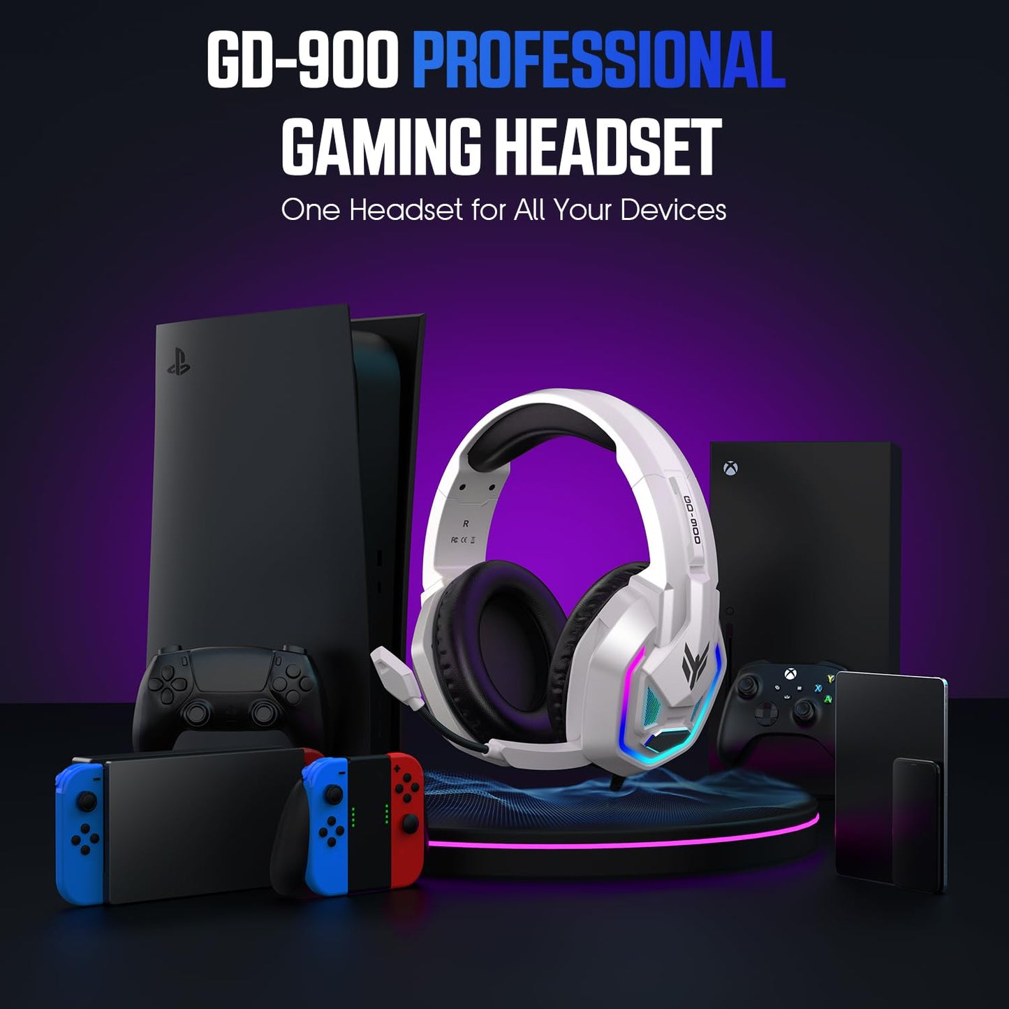 YPBDAN Gaming Headset for PS5, PS4, Xbox Series X|S, Xbox One, PC, Switch, Mac - RGB Over-Ear Headphones with 7.1 Surround Sound, Noise Cancelling Mic, 50mm Drivers & Memory Earmuffs for Nintendo 64