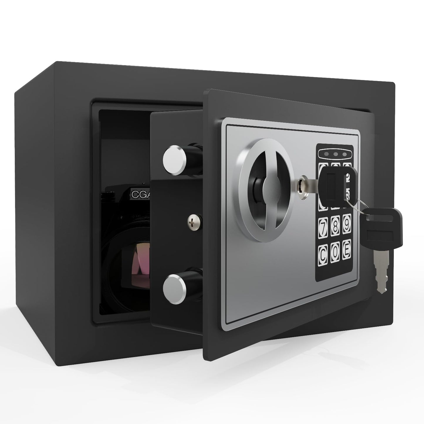 Goldenkey Small Safe with Keys&Code for Money Cash and Coin, Digital Mini Kids Safe Bank for Home, 6.69"D x 9.05"W x 6.69"H, 0.3 Cu.Ft.