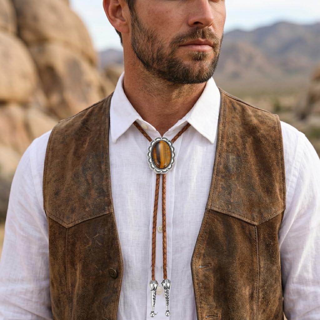 Joxevyia Western Bolo Tie for Men Women Tiger Eye Stone Cowboy Leather Necktie Vintage Accessories Adjustable Flip Clip