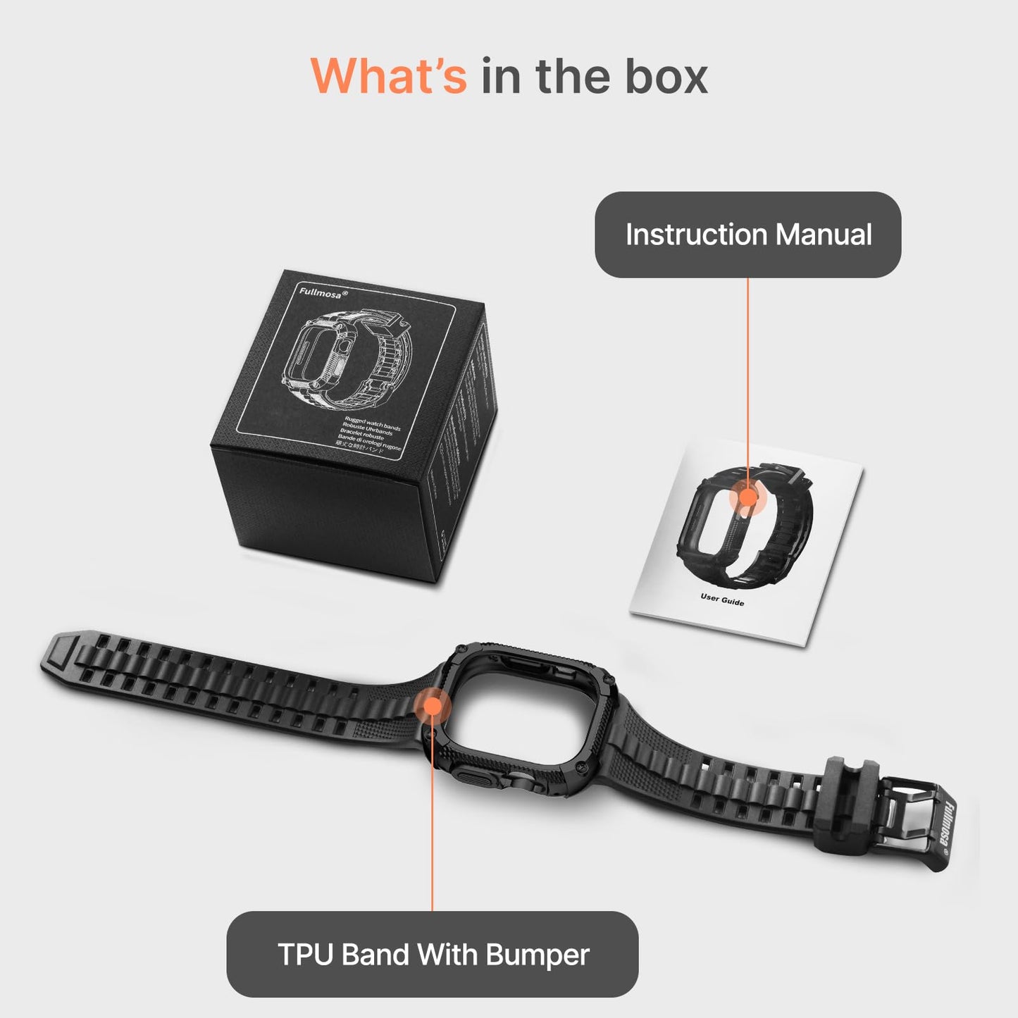 Fullmosa Compatible with Apple Watch Bands 49mm Ultra3/2/1, Rugged Apple Watch Strap Ultra with Military Grade Shockproof Bumper Case & Screen Protector for Men Women, Black