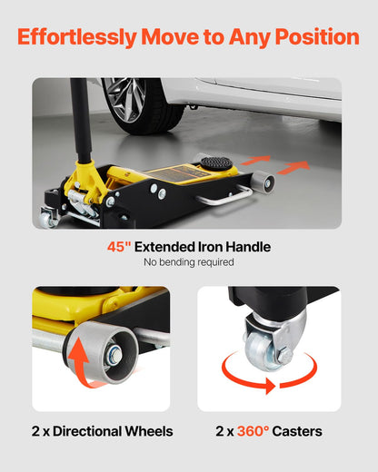 VEVOR 3 Ton Low Profile , Aluminum and Steel Racing Floor Jack with Dual Pistons Quick Lift Pump for Sport Utility Vehicle, Lifting Range 3-6/11"-19-11/16", yellow,black