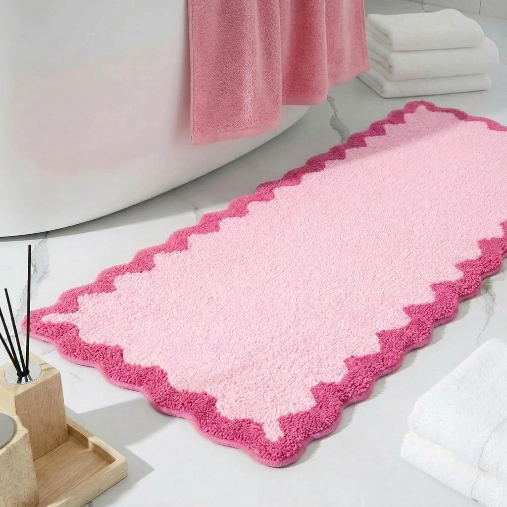 Cute Magenta‌ Pink Scalloped Bathroom Runner Rug, Fun Plush Luxury Microfiber Bath Rug Aesthetic Washable Bath Mat Non-Slip for Bathroom, Tub, Floor Carpet, Sink, Shower, Extra Soft, Absorbent, 47x18