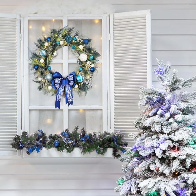 TOKCARE Prelit Christmas Wreath with Blue Bow and Ball Ornaments 22 Inch Christmas Wreath with Lights for Front Door Battery Operated Timer 40 LED Lights, Holiday Decoration for Fireplace Xmas Decor