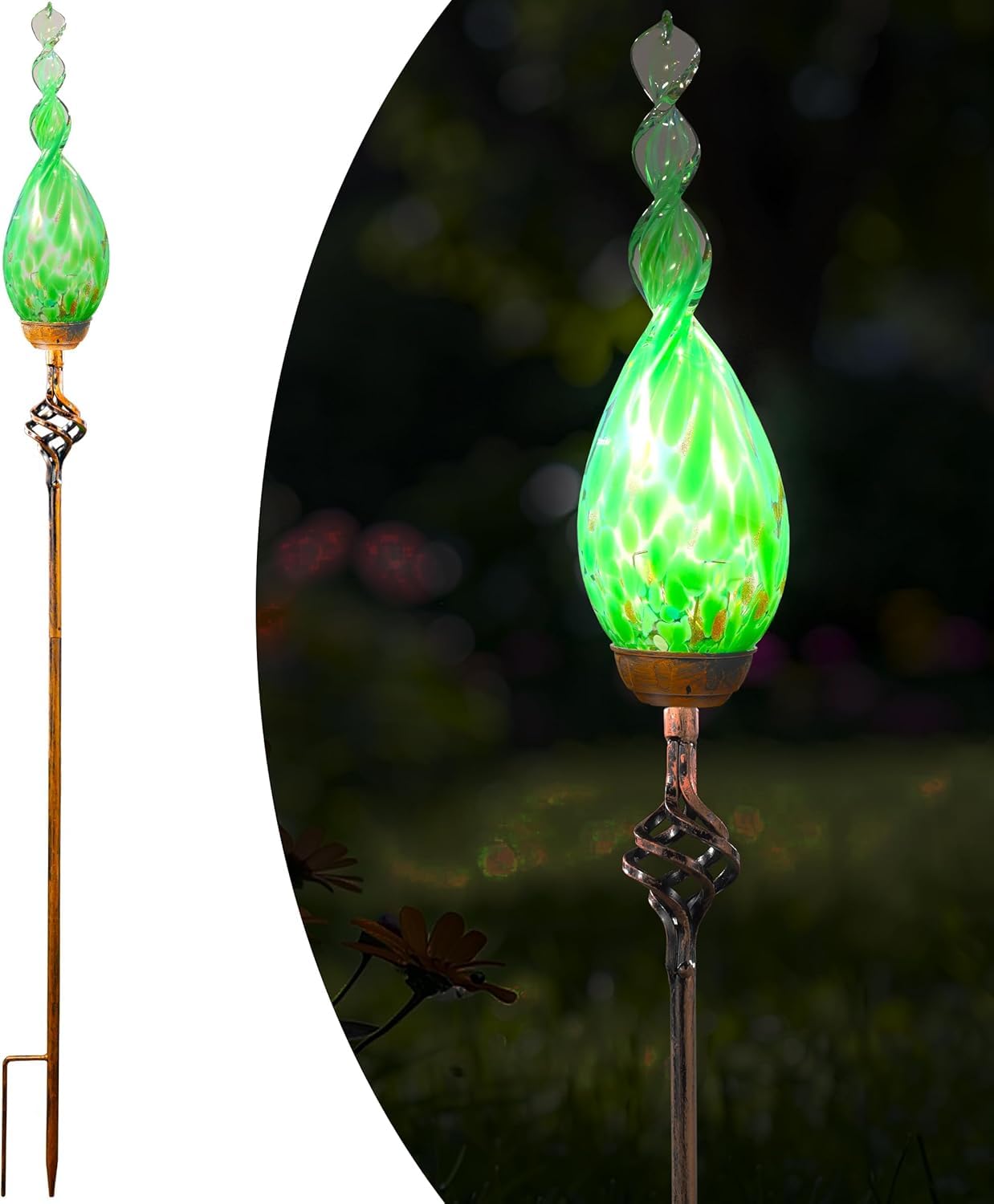Garden Solar Lights, Green Flame Solar Lights Outdoor - Hand Blown Glass Decorative Garden Pathway Lights Outdoor Waterproof Flame Glass Stakes