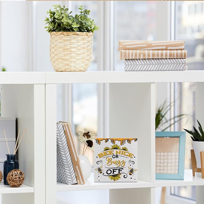 Bee Decorations Wooden Box Sign, Sunflower Bee Decor, Inspirational Spring Rustic Farmhouse Home Living Room Bathroom Desk Table Shelf Cubicle Decor Decorations, Bee Gifts Wood Block Plaque