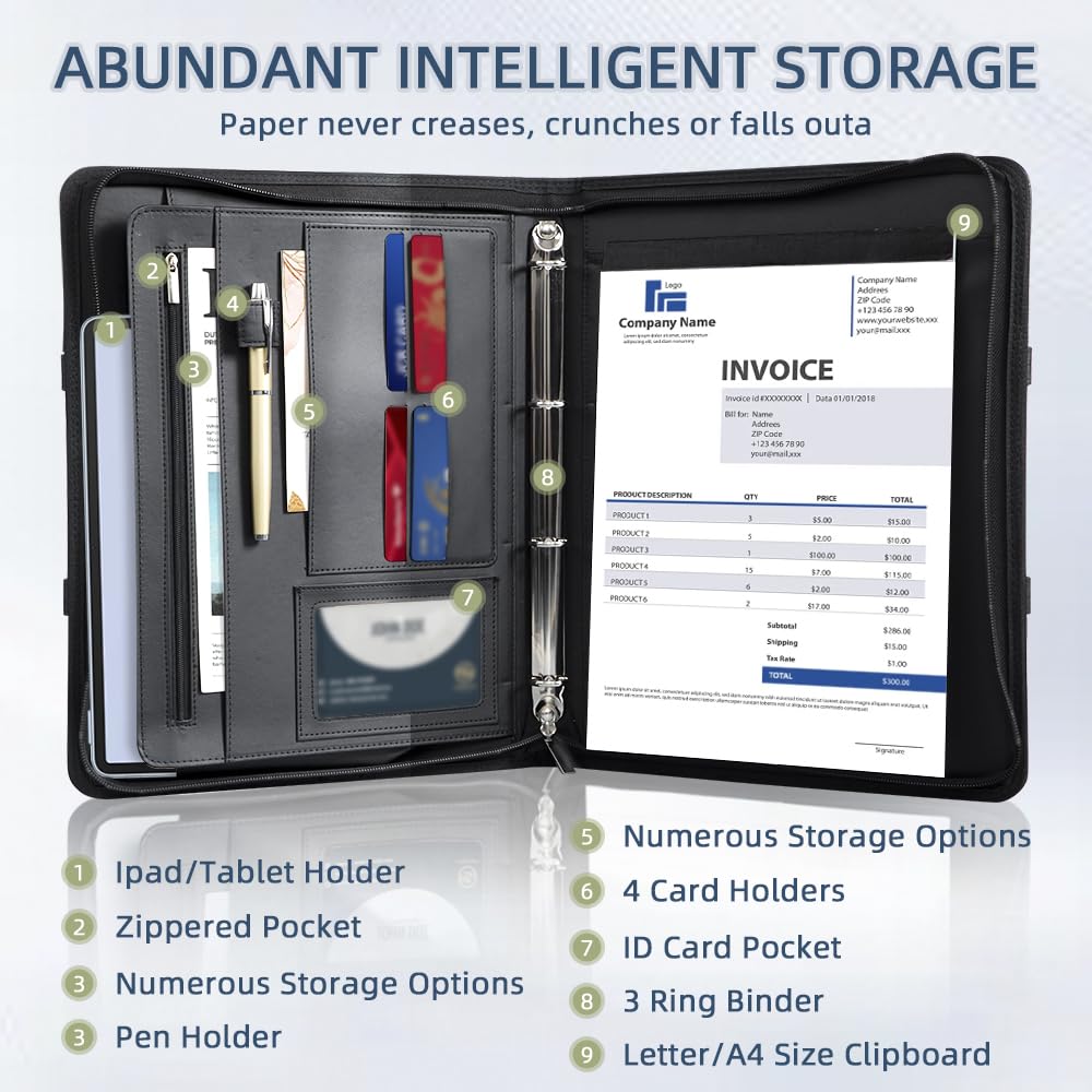 [BRAVE ELK] All-in-One Zippered Padfolio Business Portfolio, Textured Leather Portfolio Binder with 40 Transparent Sleeves, Tablet Holder & Writing Pad, Professional Document Organizer for Men & Women