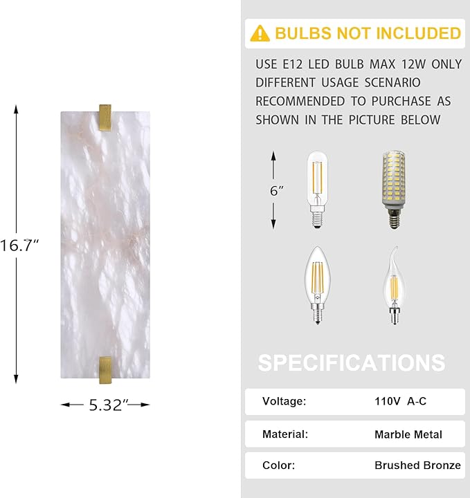 2 Pack 2 Light Square 16.7" Alabaster Marble Bathroom Wall Sconce Modern Concise Style Wall Light Fixture,Gold Finish for Bedroom Hallway Bedside
