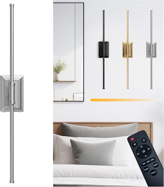 Battery Operated Wall Light Set of 1 - Silver Picture Wireless Led Plug In Walls Sconce Fixture Indoor - Art Decor Bathroom Sconces Rechargeable - Modern Bedroom Cordless Lights Fixtures with Remote