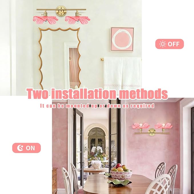 2 Light Bathroom Vanity Lights Over Mirror, Vintage Wall sconces with Pink Glass Shade Bathroom Sconce Gold Vanity Lighting Fixture mid Century Wall Sconce Light for Bedside Bedroom Doorway