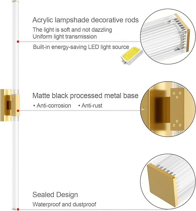 Ralbay 48inch Gold Bathroom Vanity Lights Bar 36W Modern LED Gold Vanity Light Fixtures Over Mirror(5500K White Light)
