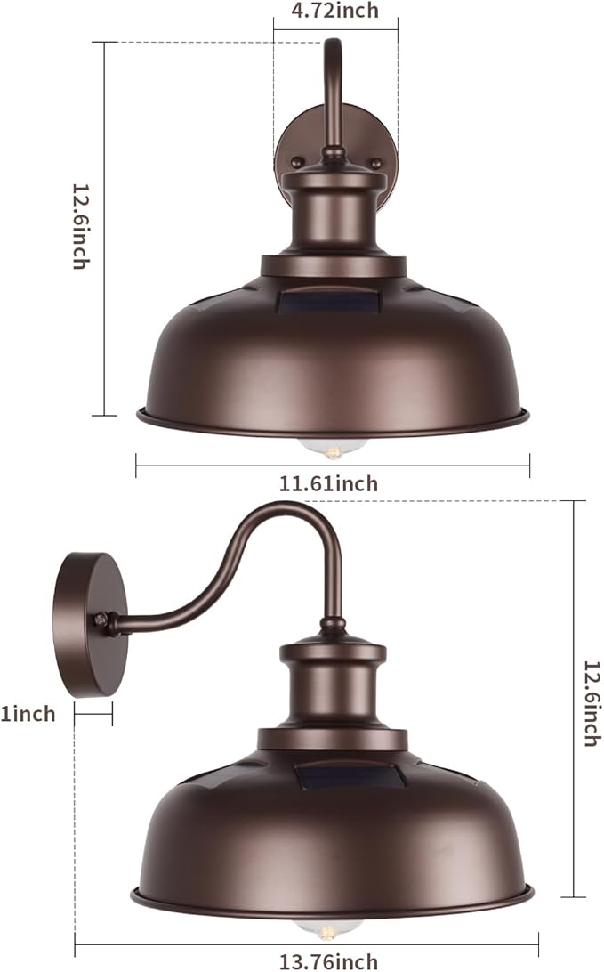 Solar Barn Light for Outside, Gooseneck Outdoor Wall Lights Solar Powered, Farmhouse Exterior Wall Sconce, Industrial Outside Lighting Fixture, Rustic Lantern for Garage, Barn, Shed,RZSR007-2 OW