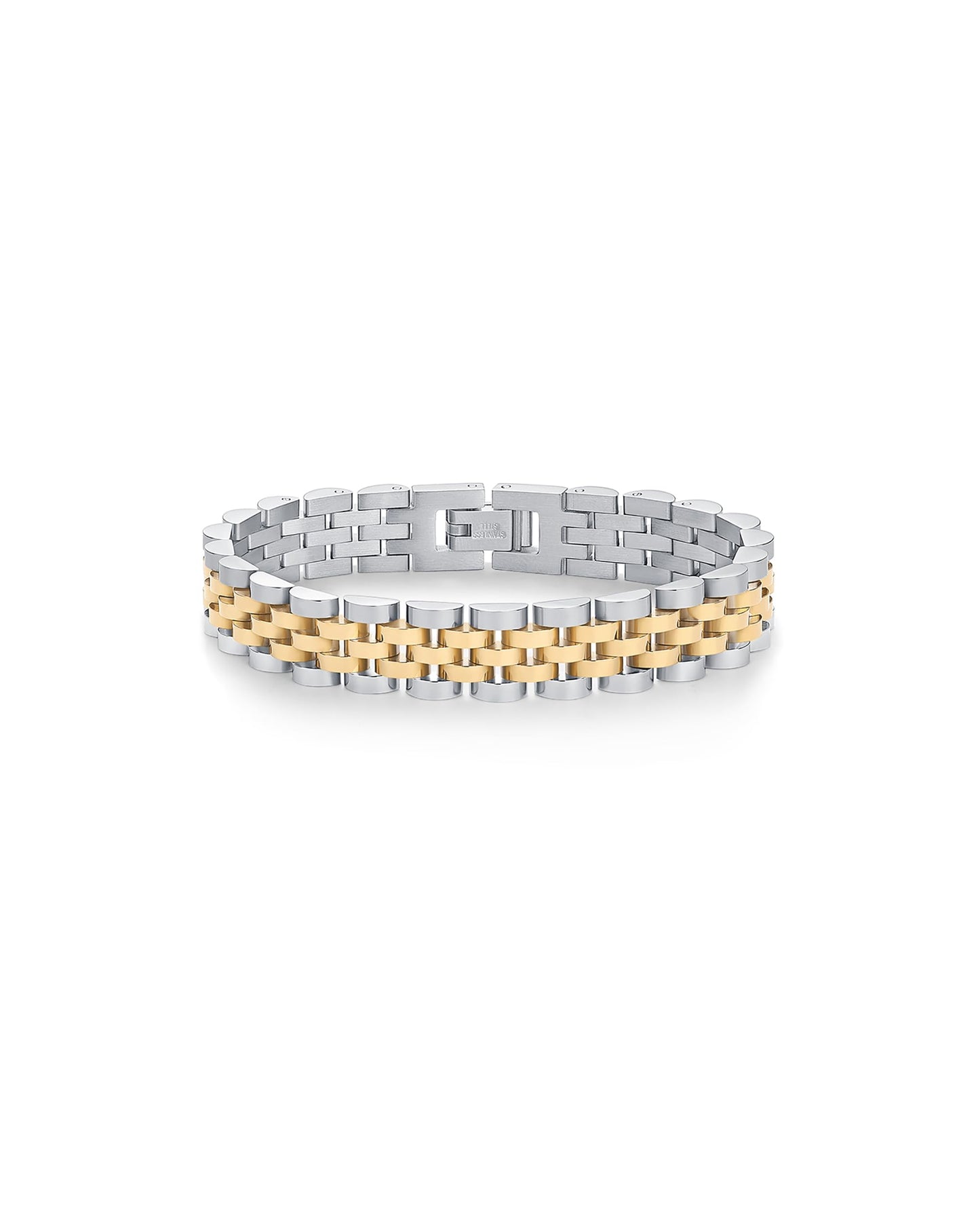 PAVOI 14K Gold Plated Two-Toned Waterproof Watch Strap Chain Bracelet for Women | White Yellow Mixed Metals Stainless Steel Chunky Link Bracelet 7 Inches