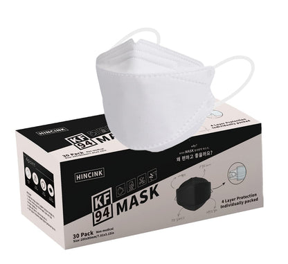 HINCINK KF94 Face Masks, 30 Pack Individually Wrapped, 4-Ply Breathable & Comfortable Safety Mask, Black Protective Cup Dust Masks Unisex Outdoor Safety Protection for Adult (30, White)