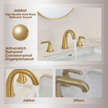 JABBOL Gold Bathroom Faucet,Brushed Gold Bathroom Faucet,Brass Sink Faucets,Bathroom Faucet 3 Hole Brushed Nickel，with Pop Up Drain Supply Hose for Vanity,Lavatory RV Farmhouse