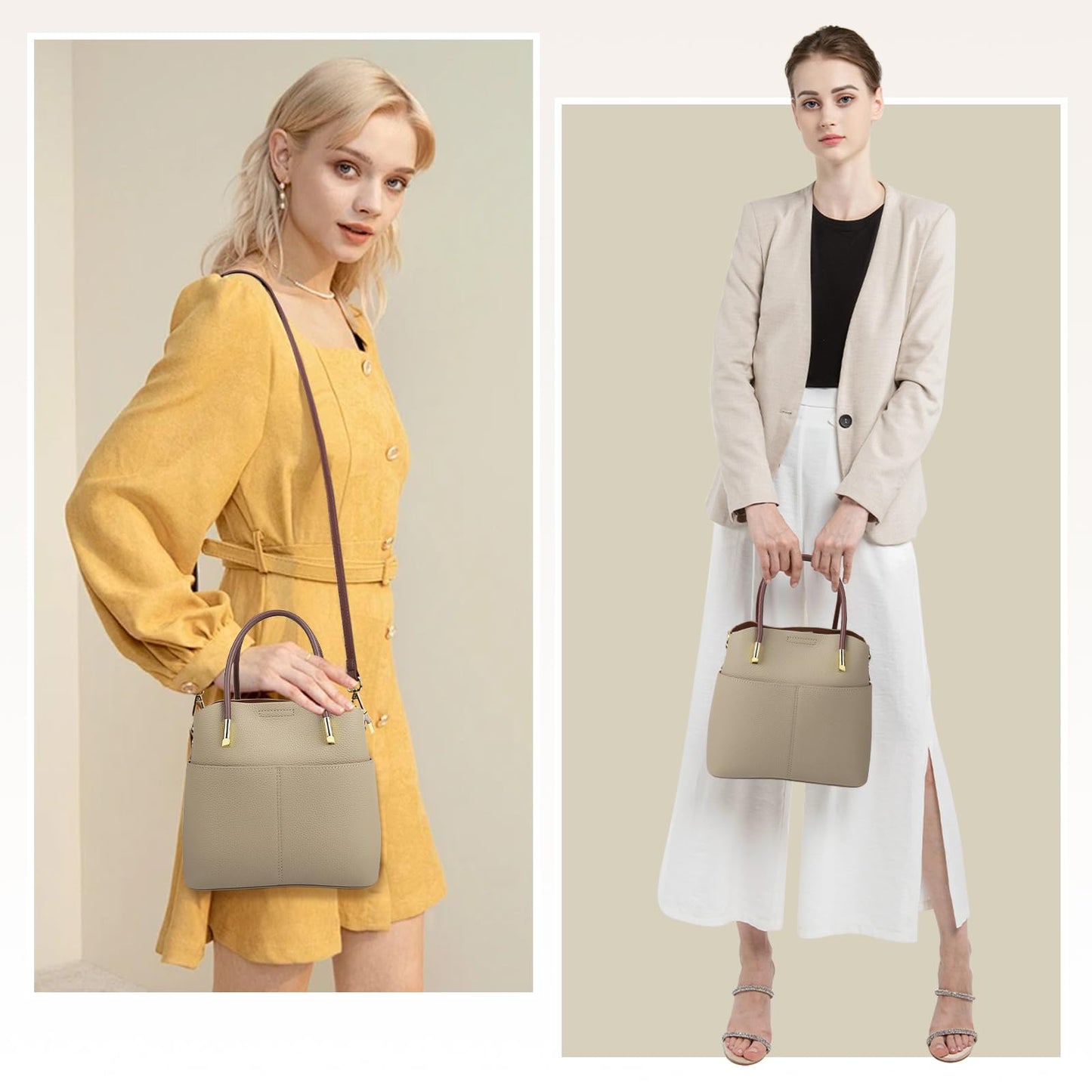 MFFOR Genuine Leather Crossbody Purses and Handbags for Women, Tote Shoulder Purse Bucket Handbag, Top Handle Satchel (Khaki