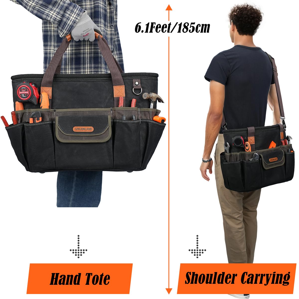 WELKINLAND 42-Pockets Electrician Tool Tote, 16-Inch Open Top Tool Tote, Heavy-Duty Electrician Tool Bag, Waxed-Canvas HVAC Service Bag, Easy-Access Bag For Tools, Stay-Up Tool Bags For Men