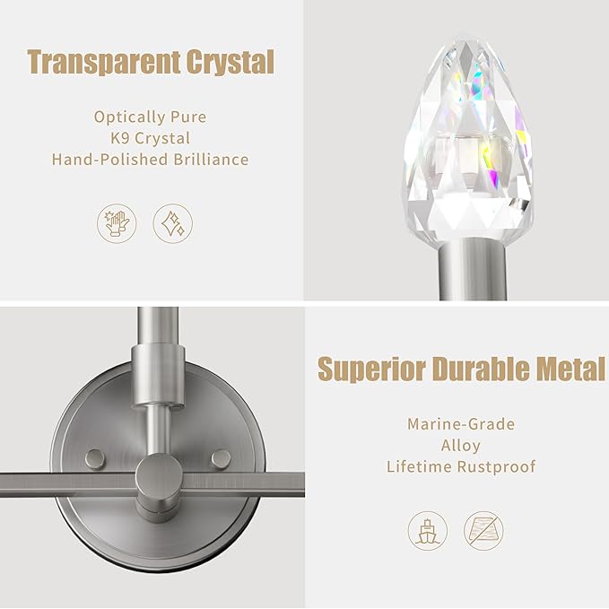 Farmhouse and Modern Bathroom Lighting Fixtures Over Mirror, 3 Light Brushed Nickel Bathroom Vanity Lights, Crystal Bathrooms Wall Sconces(Includes Bulb)