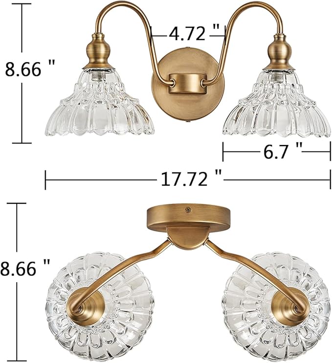 Antique 2-Light Wall Sconce Modern BathroomVanity Light Gold Wall Light Made of Metal Body and Pressed Patterned Glass Retro Vanity Light for Bedroom, Bathroom, Doorway, Foyer, Hallway