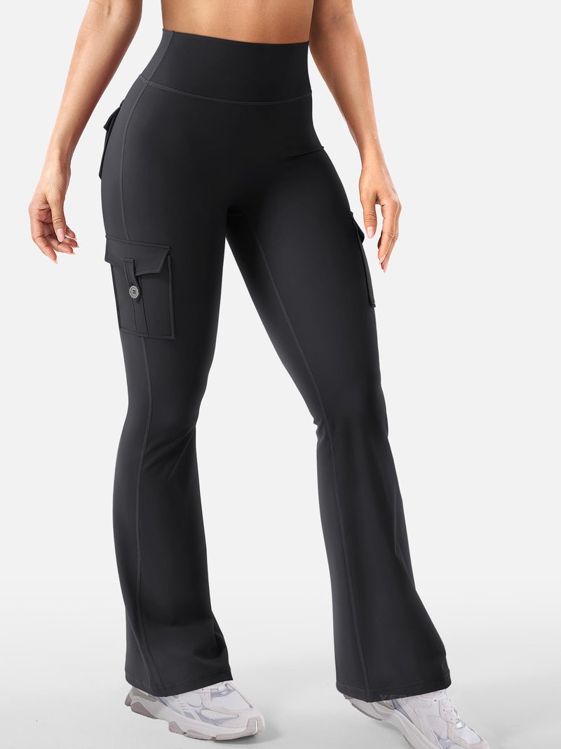 YEOREO CoreFlex Women Workout Flare Leggings with Pockets Hidden Scrunch High Waisted Cargo Gym Yoga No Front Seam Leggings Black XL