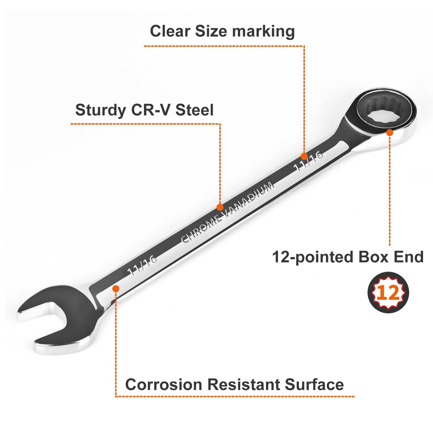 Egofine 11/16 inch Ratcheting Combination Wrench SAE, Industrial Grade Gear Spanner with 12-Point Design, 72-Tooth Ratchet, Chrome Vanadium Steel