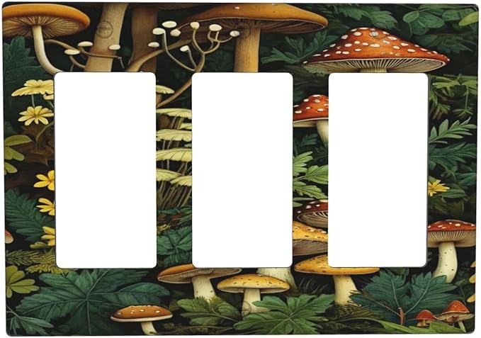 Mushrooms Forest Nature Botanical Art 3 Gang Rocker Triple Outlet Wall Plate Decorative Switchplate Cover Faceplate GFCI Light Switch Covers for Farmhouse Living Decor