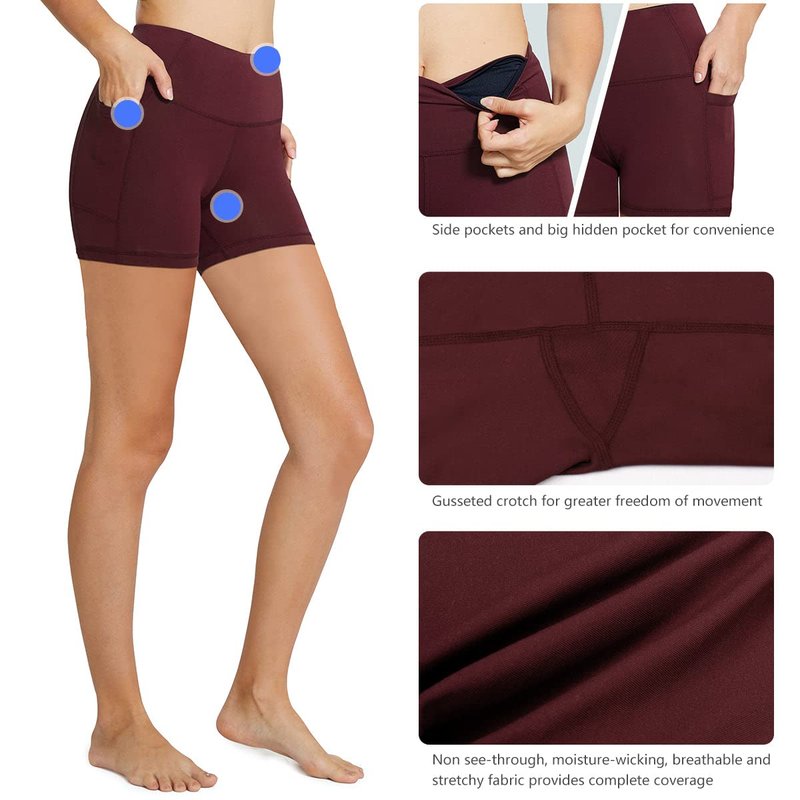 baleaf Workout Shorts Women 5" Biker Yoga Gym Spandex Running Volleyball Compression Tummy Control Short with Pockets Wine Red XXXL